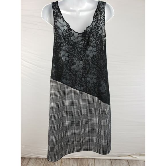 Noblu Black Plaid Dress Cotton & Spandex Sleeveles Size M Floral Lace - Picture 2 of 6